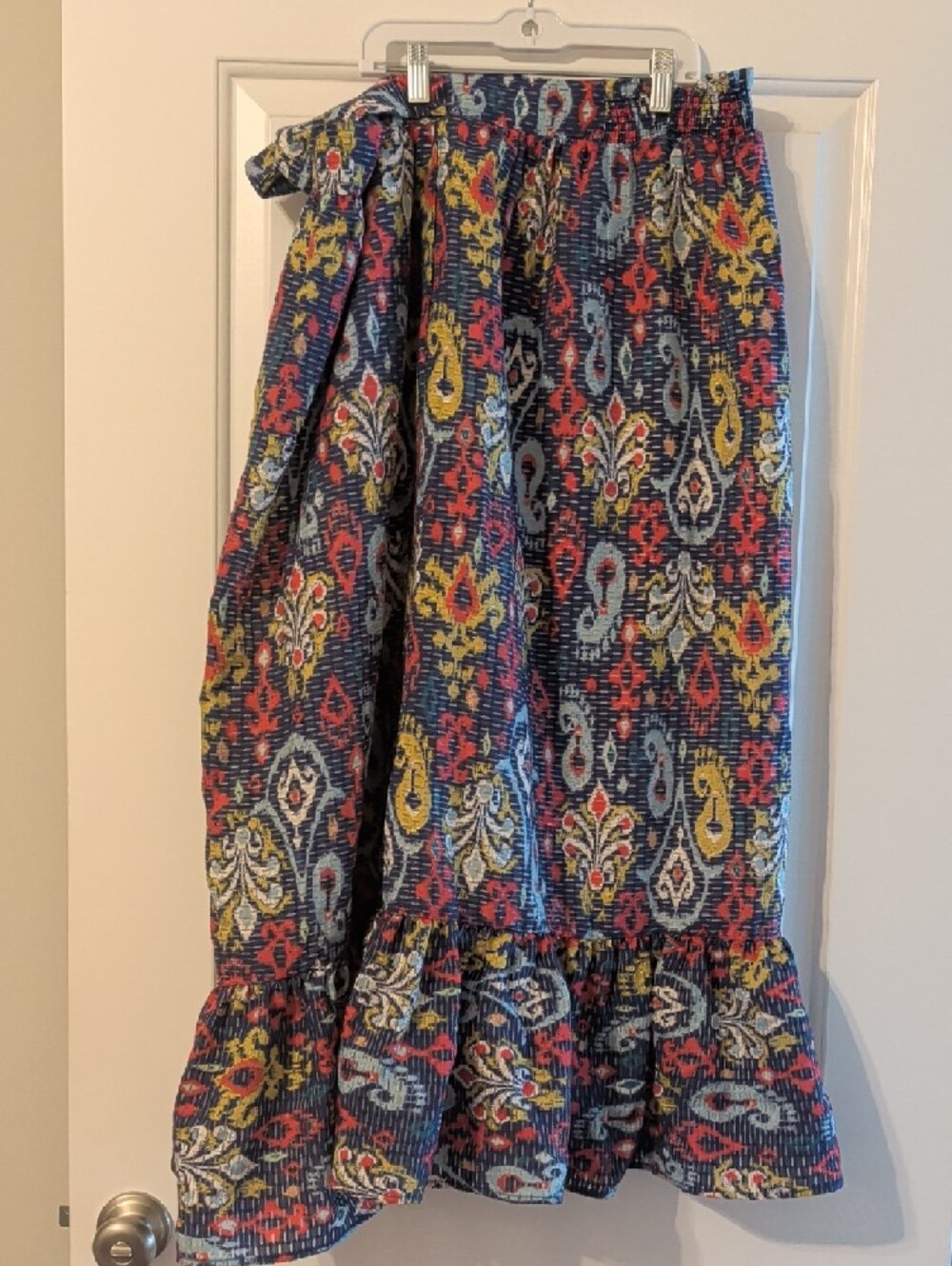 Anthropologie Edith Ruffled Midi Navy Floral Ikat Skirt with Tie Waist - Picture 2 of 8